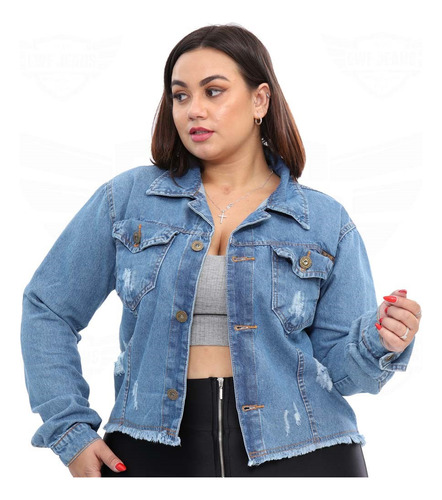 Jaqueta Jeans Cropped Plus Size Feminina Barra Desfiada