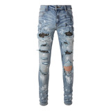 Jeans/leggings Elásticos Con Parche Roto Y Rombos