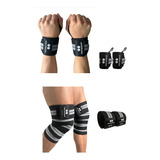 Kit Par De Vendas Para Rodilla Knee Wraps + Muñequeras Gym