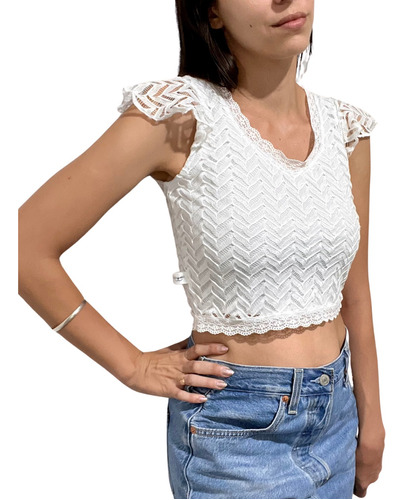 Top De Fiesta Blusa Remera Tejida Calada Encaje Escote En V