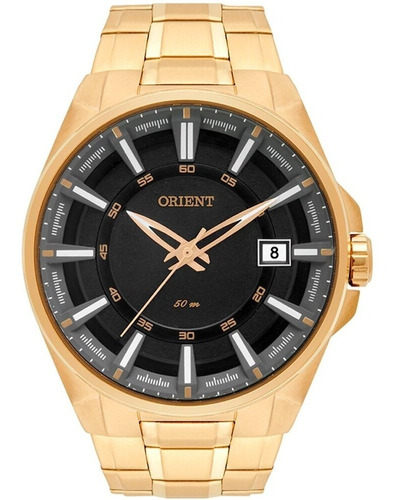 Relógio Orient Masculino Dourado Mgss1143 P1kx Fundo Preto Aço Luxo Grande