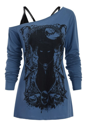 Tops De Mujer Cuello Sesgado Hombro Frío Cat Doge Print Goth