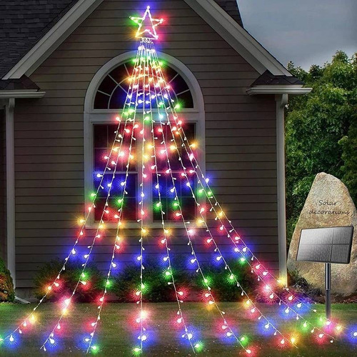 Cascada De Árbol Navidad Con Estrella Luz Solar Colores