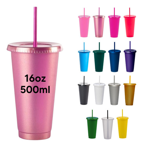 100 Vasos Reusables Con Tapa Y Popote De 16oz - Vasos Fiesta