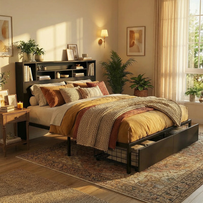 Base De Cama Queen Size Con Cabecero 2 Cajones Y Led 157x221 | Meses sin interés