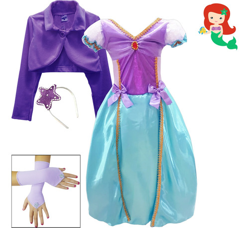 Vestido Fantasia Festa Pequena Sereia Ariel Luvas E Bolero