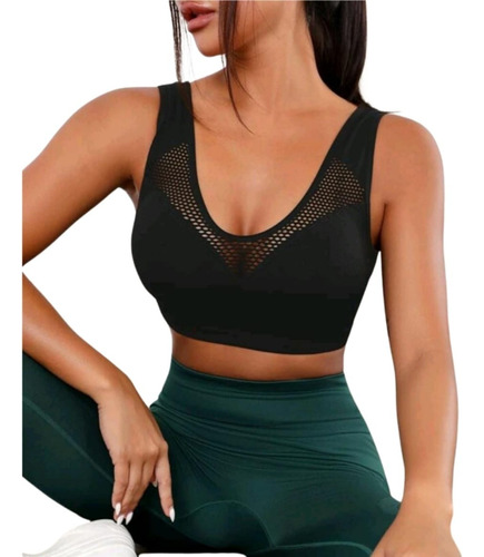 Crop Top Deportivo Con Malla Espalda Descubierta - Negro