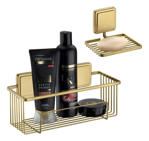 Kit Porta Shampoo Saboneteira Adesivo Dourado Dupla Face