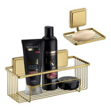 Kit Porta Shampoo Saboneteira Adesivo Dourado Dupla Face