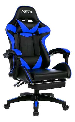 Cadeira Gamer Giratória Nsx Reclinável Estofado Azul Couro