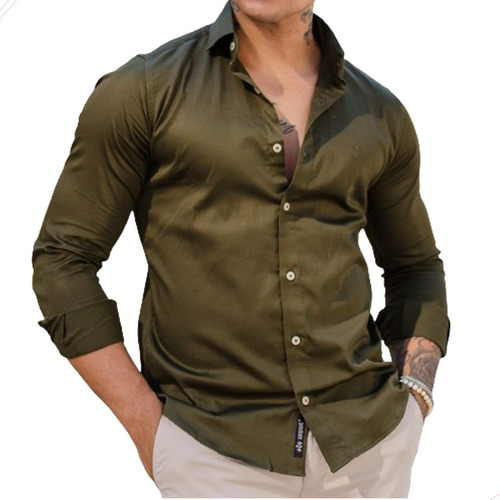 Camisa Masculina Slim Cetim Azul Com Elastano 