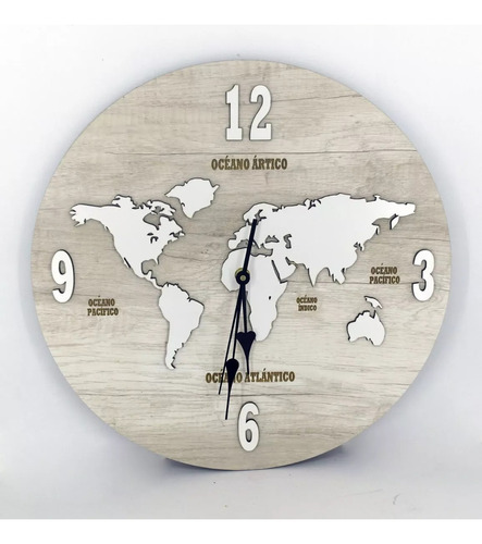 Reloj De Pared De Madera Analógico Diseño Mapa Mundi 40x40