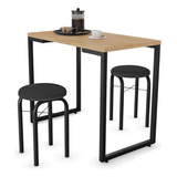 Conjunto Mesa Cozinha Prattica Industrial 90cm C/ 2 Banqueta Cor Da Tampa Nature Cor Dos Pés Preto