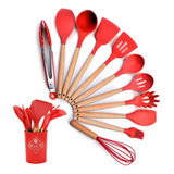 Conjunto De Cozinha De Silicone Concha Pegador Espatula Cor Vermelho (cabo Madeira)