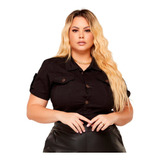 Camisa Cropped Jeans Verão Plus Size Blusa Manga Curta