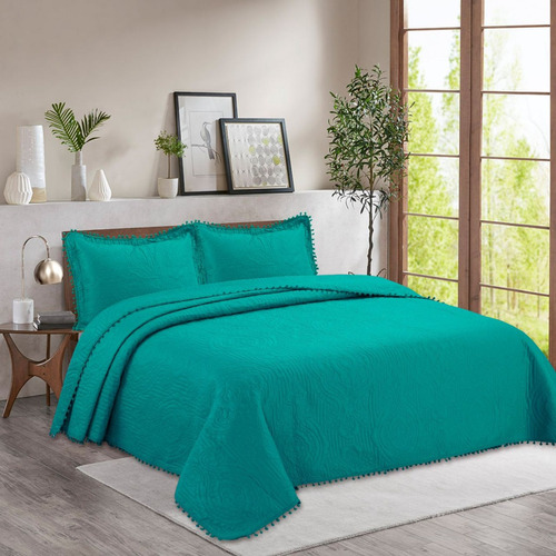 Cubrecama Quilt De Verano King 2.5 Plazas Pompones Turquesa