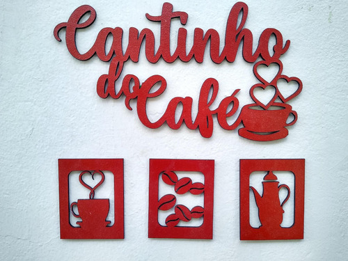 Kit Cantinho Do Café Mdf Vermelho 30cm Alto Relevo 4 Peças