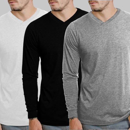 Kit 3 Camisetas Masculina Manga Longa Gola-v Algodão Premium