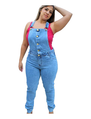 Jardineira Jeans Plus Size Calça Lycra Macacão Cintura Alta