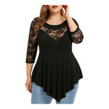 Tops Dama Plus Size Mujer Solid Floral Encaje O-neck