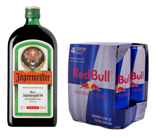 Jagermeister 700ml Licor Jager + Red Bull 250ml X4 - Gobar®