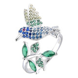 Anillo Colibri Plata 925 Italiana Cristales Regulable Mujer