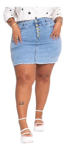  Saia Jeans Plus Size Curta Clara Com Fenda Tharlinta