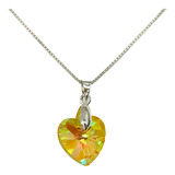 Collar Corazon Cristal Amarillo Tornasol Plata Fina 925 