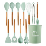 Set 12 Utensilios Silicona Antiadherente Mango Madera Cocina