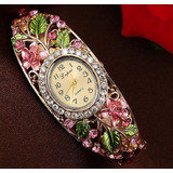 Pulseira Bracelete Relógio Com Detalhes De Flores E Strass