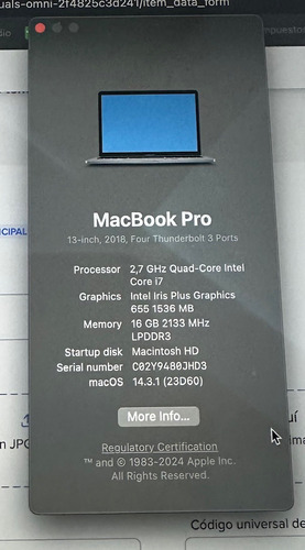 Macbook Pro 13 2018 I7 16gb 1tb Touchbar A1989 Con Caja