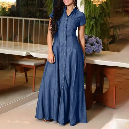 Vestido Largo De Jean Con Cuello De Camisa Mujer