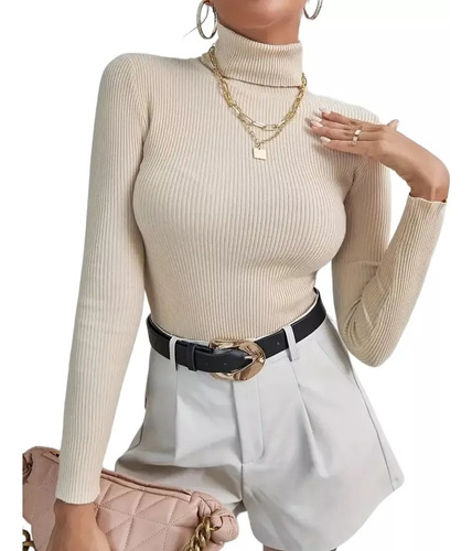 Sweater Cuello Doble Lana Mujer Liso / Etniqa