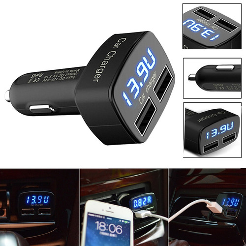 Cargador Auto 12v Doble Usb 4 En 1 Voltimetro Temperatura