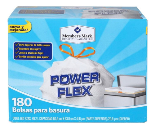 Bolsas P/ Basura Power Flex, Member's Mark, 49.2l (180 Pzas) Color Blanco