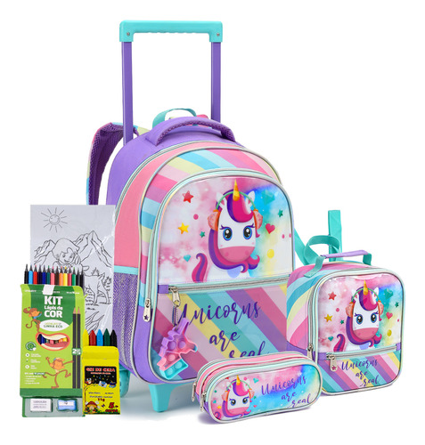 Kit Mochila Escolar Oficial Unicornio Meninas Rodinha