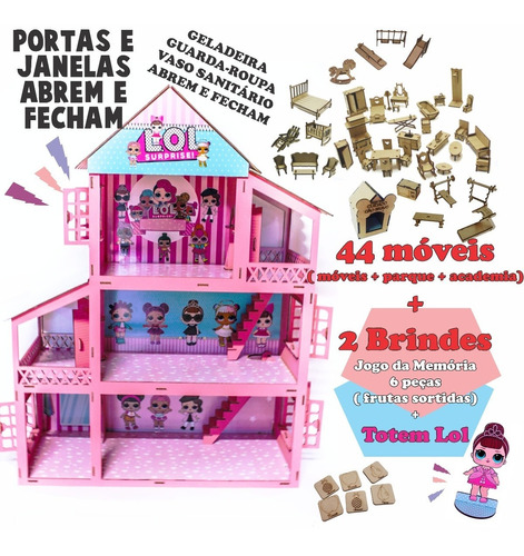 Casinha Casa Brinquedo De Madeira Para Bonecas + 44 Móveis