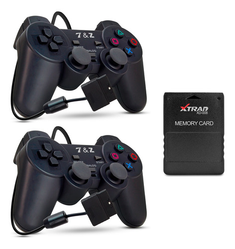 Kit 2 Controles Ps2 Joystick Com Fio Analógico + Memory Card
