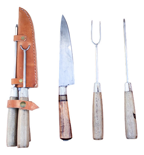 Set Triple Cuchillo, Tenedor Y Chaira Artesanal 16cm De Hoja