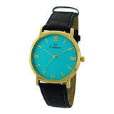 Relógio Champion Feminino Couro Original Ch22206f Cor Da Correia Preto Cor Do Bisel Dourado Cor Do Fundo Azul-turquesa