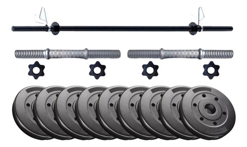 Barra + 2 Mancuernas Tope A Rosca + 24 Kg En Discos Kit Set Color Negro: 4 De 5 Kg + 2 De 2.5