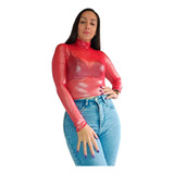 Crop Top Mujer Microtul Corto Sexy Manga Larga Transparente