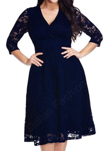 Vestido Midi, Rodado Em Renda, Manga 3/4, Plus Size