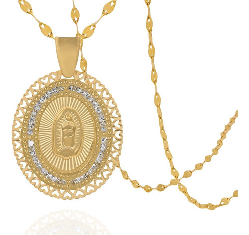 Medalla Virgen Guadalupe Corazon Y Cadena Oro 10k 50cm Italy