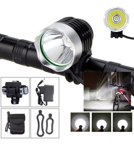 Farol Bike Monster Led Xm-l T6 Forte 5.260.000 Lm C/ Bateria Cor Preto/prata