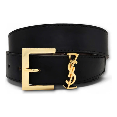Cinturon Saint Laurent Ysl Plaque Mujer Hombre Unisex Negro/ Hebilla Oro M (115cm)
