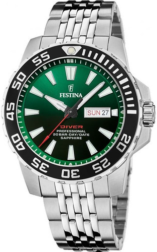 Reloj Festina F20661.2 Hombre The Originals/diver Verde Color De La Malla Plateado Color Del Bisel Negro