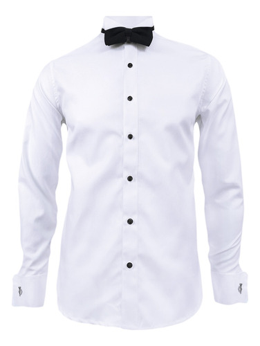 Camisa Smoking Blanca Botón Negro Puño Mancornas Manga Larga
