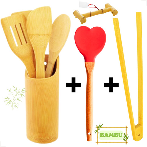 Kit Talheres Utensílios Colher Pau Bambu Suporte Cozinha 