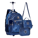 Kit Mochila Rodinhas Jeans Rb Lancheira Estojo Novidade